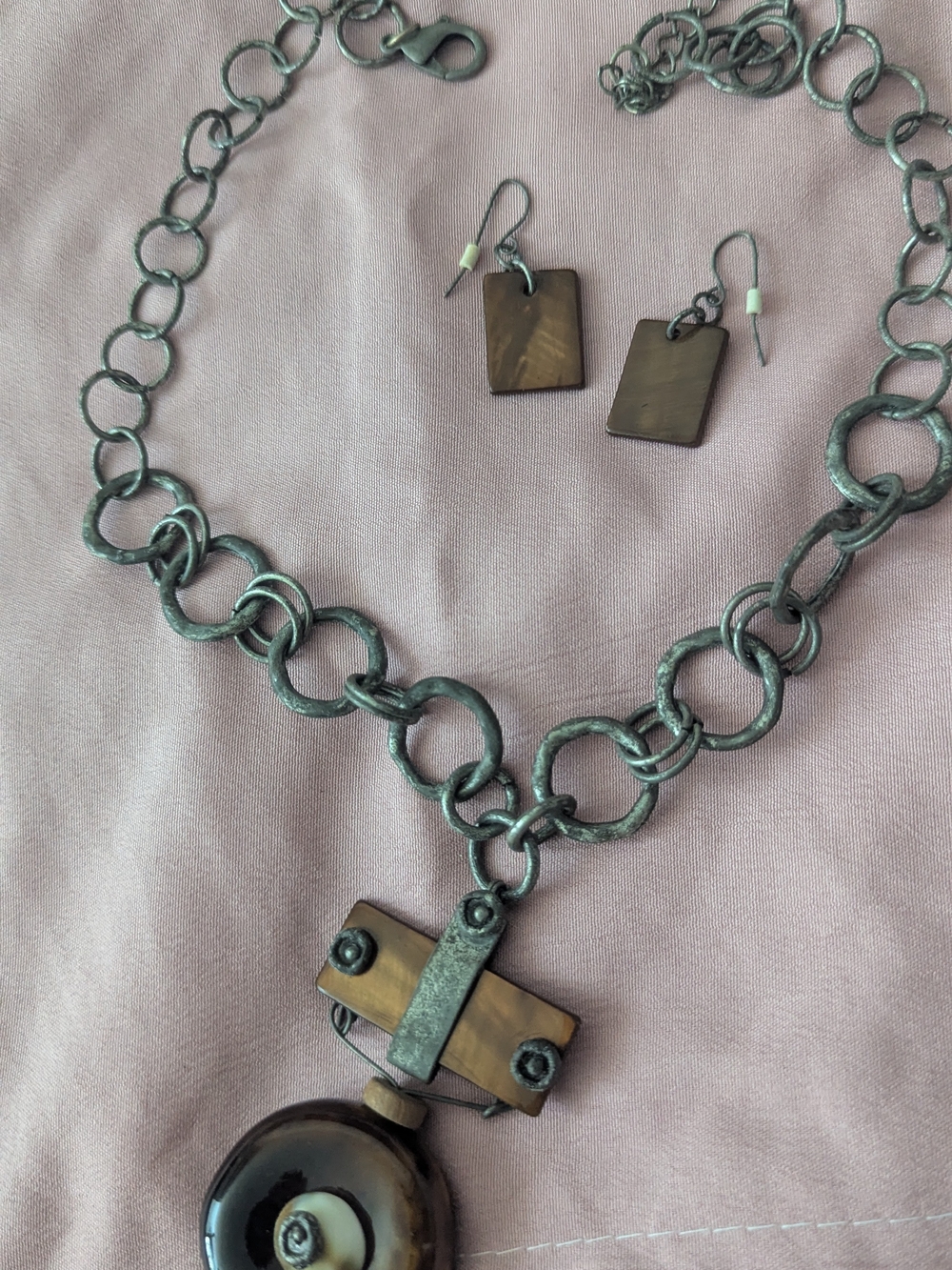 Statement Brown Shell Pendant Necklace and Earring Set
